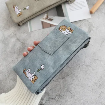 

Women's Faux Canvas Embroidery Cat Pattern Mouth with Decoration Double Buckle Wallet New Style Students Long Purses