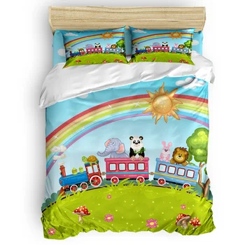 

Luxury Comforter Bedding SetsTrain Zoo Children Sun Rainbow Bedding Set Cartoon Pattern Bedding Set 4 Pcs