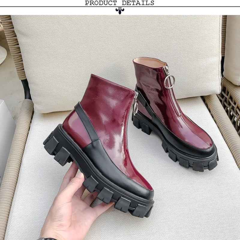 EGONERY/Новые модные зимние ботильоны удобная женская обувь из лакированной кожи на среднем каблуке и платформе с круглым носком Прямая
