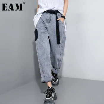 

[EAM] Contrast Color With Belt Long Wide Leg Jeans New High Waist Loose Women Trousers Fashion Tide Spring Autumn 2020 1T301