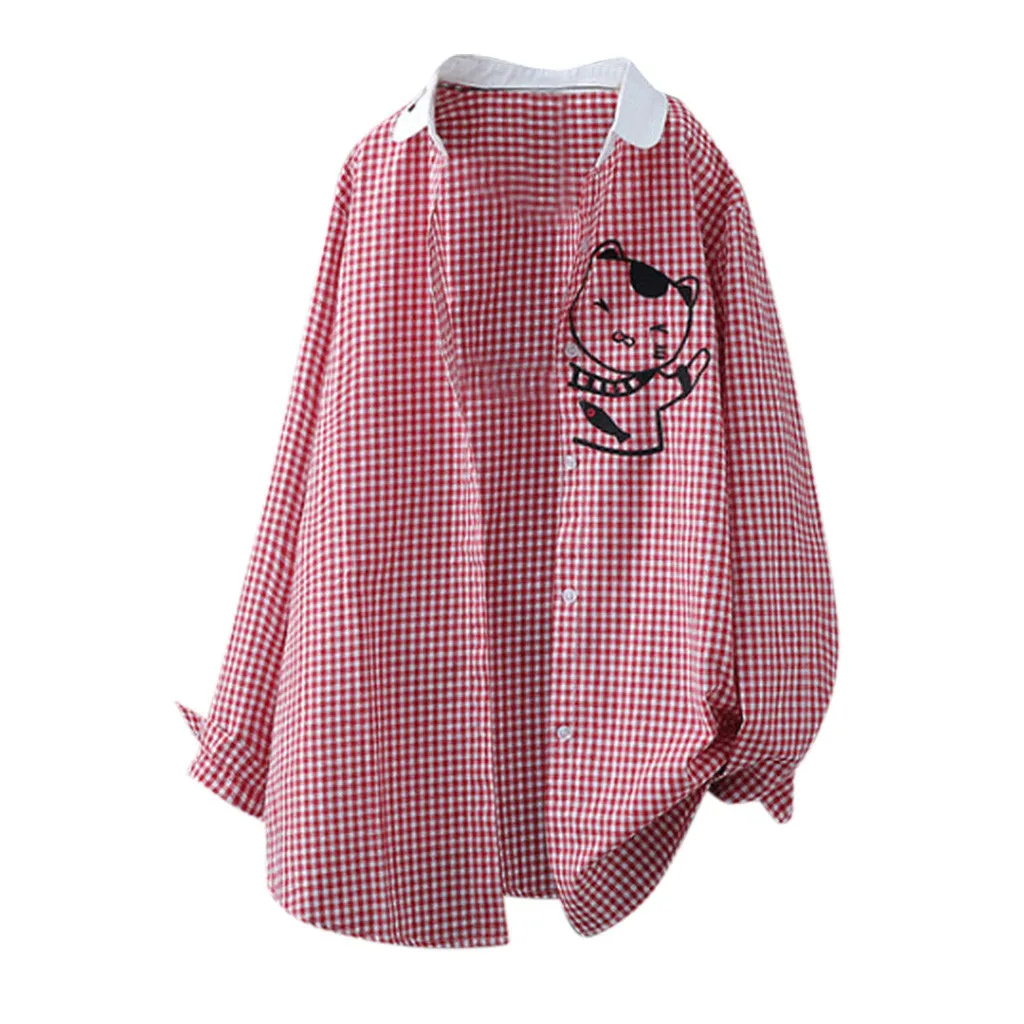 

Blouse Women Linen Plaid Cat Embroidery Shirt Long Sleevel Tops Blouses Tops And Blouse Blusas Feminina 2019 Autumn Winter