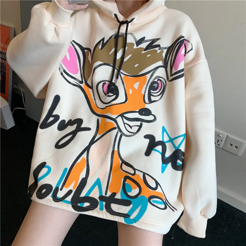 

Autumn And Winter New Harajuku Women'S Oversized Hoodie Cartoon Deer Print Thick Warm And Comfortable Sweatshirt Women 2020