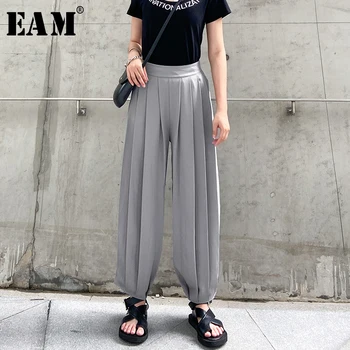 

[EAM] High Elastic Waist Gray Brief Long Pleated Wide Leg Trousers New Loose Fit Pants Women Fashion Spring Summer 2020 1W566