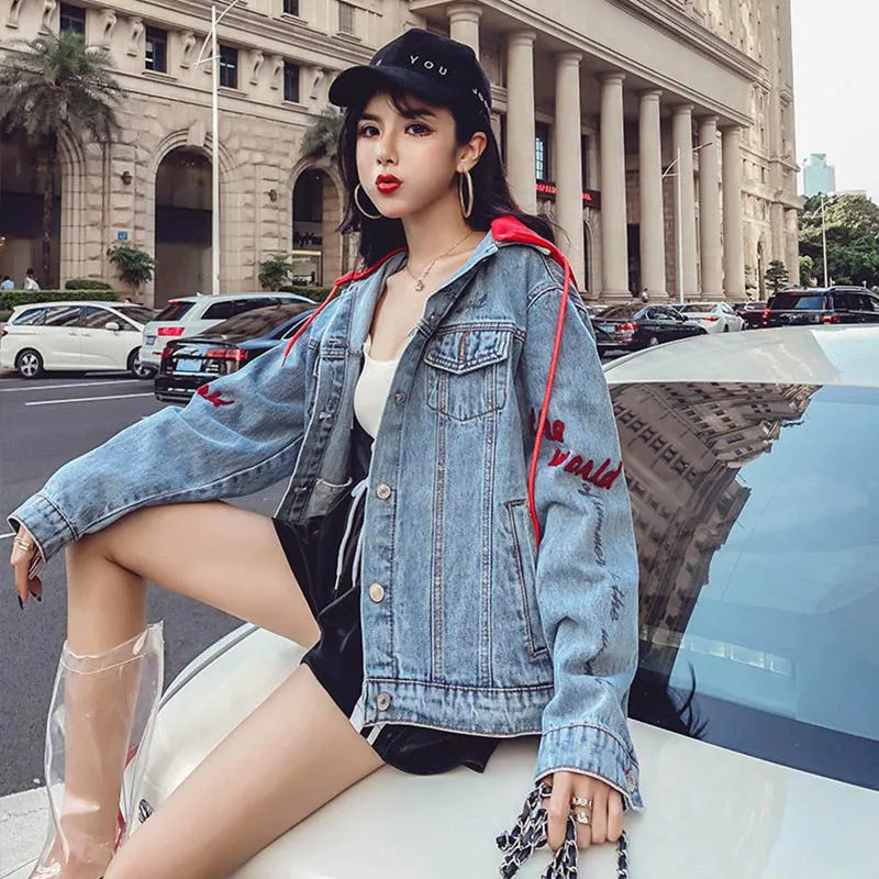 Весна Осень Свободная Женская куртка высокого качества вышивка Harajuku джинсовая куртка с капюшоном куртка Женская BF пальто, джинсовая куртка тренд для женщин