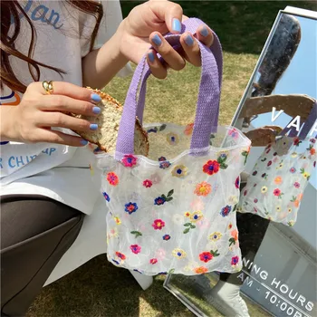 

Embroidered Light Clear Tote Bags Female Simple Shoulder Mesh Shipping Bags Floral Beach Fashion Eco Fruit Bag Purse For Girls
