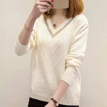 

Women Patchwork V Neck Knitted Sweater 2019 Autumn Winter Female Pullover Sweaters Ladies Loose Knitwear