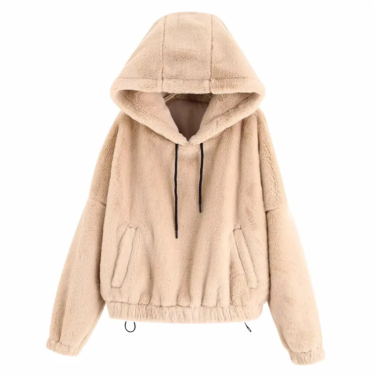 Ph68 Artificial Fur Clothing Effect Pocket Hoodie Women's Pullover Coat