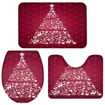 

3 Pieces Bathroom Set Red Merry Christams Bath Set Toilet Cover Mat Pedestal Rug Non-Slip Bathroom Rug Set