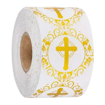 

1 inch gilded round cross sticker religious Christian Prayer sticker envelope seal label 500 / roll