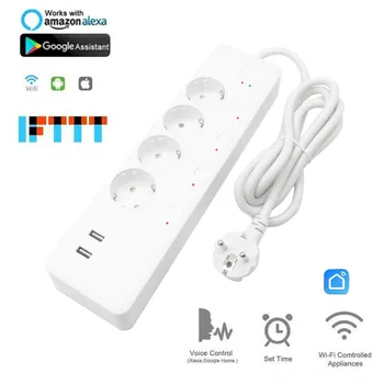 

Smart Wifi Power Strip Socket 2USB 4 EU Outlets Plug Electricity Statistics Remote Control Power On Off Timer Voice Control