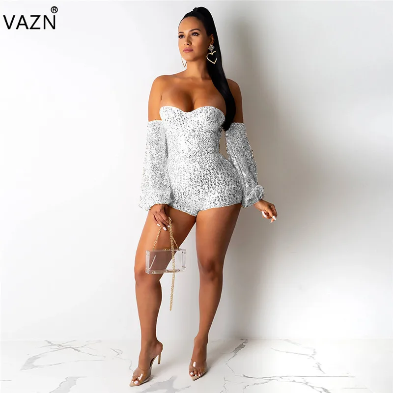 VAZN SN4902 New Open Heavy Industry Sequined Fashion Strapless Full Sleeve Solid High Waist Sexy Club Women Slim Playsuits