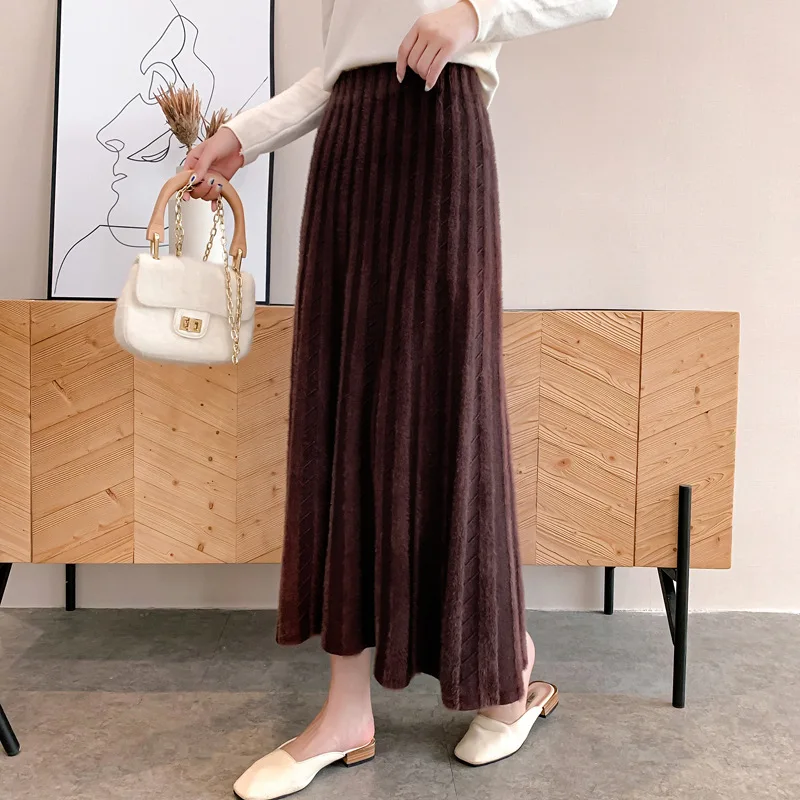 Осенне-зимняя высококачественная утепленная трикотажная юбка женская элегантная длинная юбка с высокой талией Женская теплая норковая меховая Макси Faldas Saia