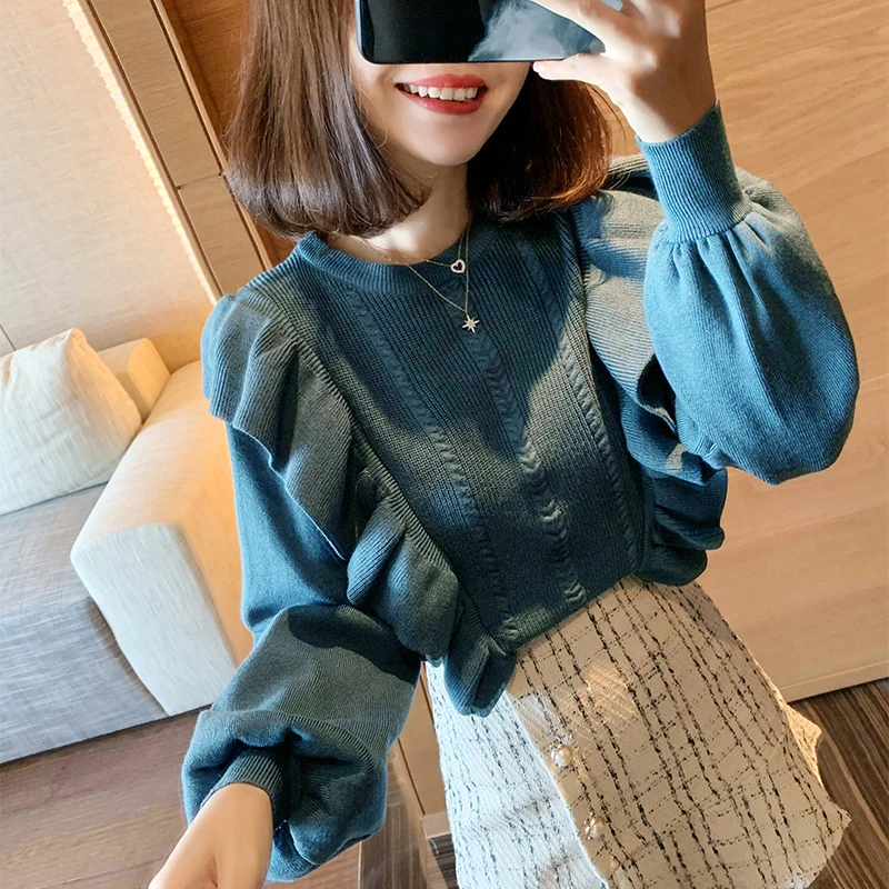 

Knitted women's 2020 autumn and winter new Korean style loose bottoming temperament double ruffled sweater