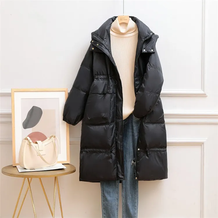 long bubble coat Down Jacket Women Drawstring Waist Mid-length Parka Thick 2022 Korean Fashion Loose Soft White Duck Down Hooded Jacket JD1961 waterproof puffer coat