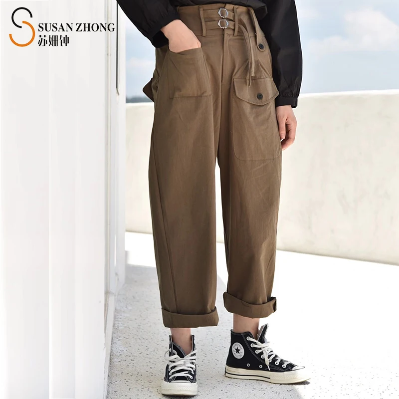 

Women Pants Female Trousers Minimalist Style Cargo Pants Elastic Waist Special Designed Waist Band With Belt Loop Safari Pockets