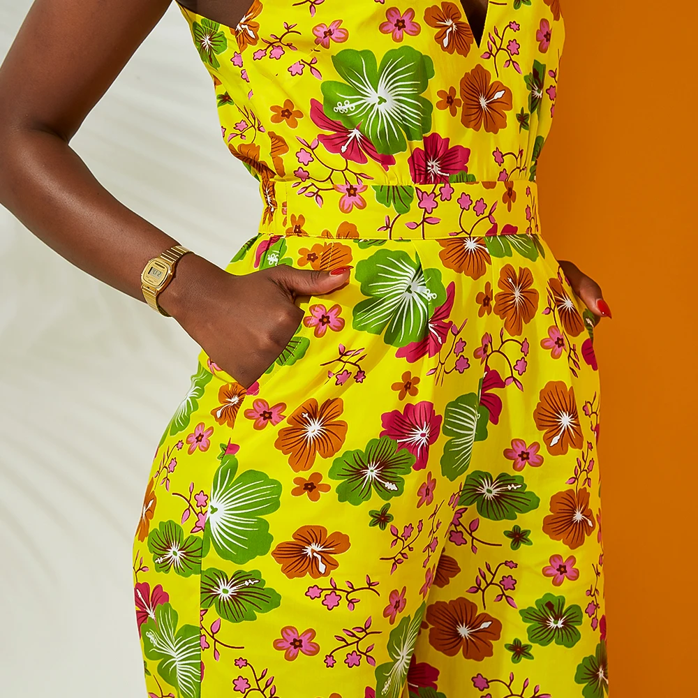 Африканский стиль комбинезон для женщин африканская восковая штамповка хлопок материал сексуальный v-образный вырез комбинезон африканская традиционная одежда