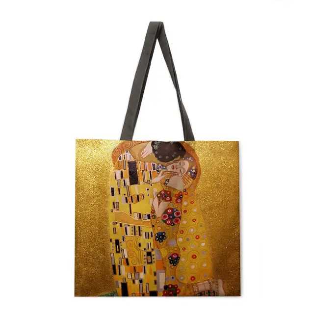 Golden oil painting leisure tote bag linen bag reusable shopping bag outdoor beach bag leisure tote bag 1