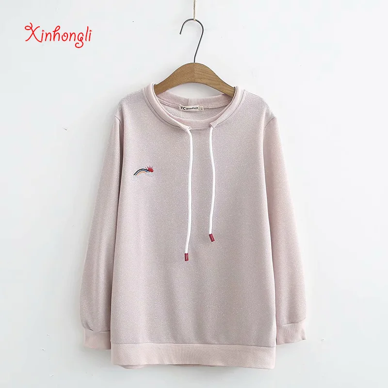 

Plus size Tie Collar Lurex women loose pullovers Sweatshirts 2020 NEW spring autumn casual ladies embroidery hoodies female