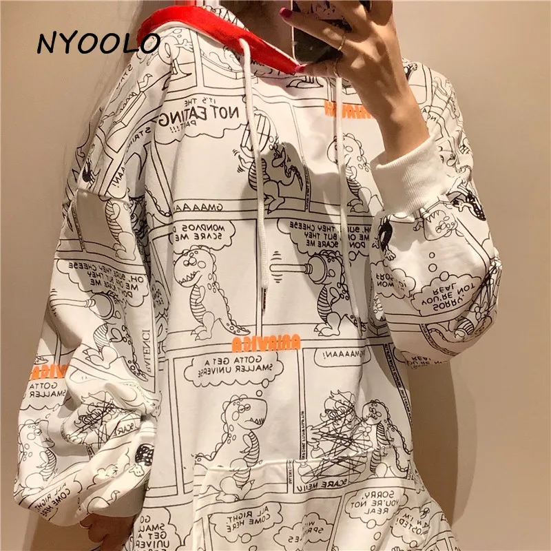 NYOOLO Harajuku стиль мультфильм Динозавр письмо печати толстовки осень уличная одежда с длинным рукавом пуловеры толстовка с капюшоном для женщин Топ - Цвет: Белый