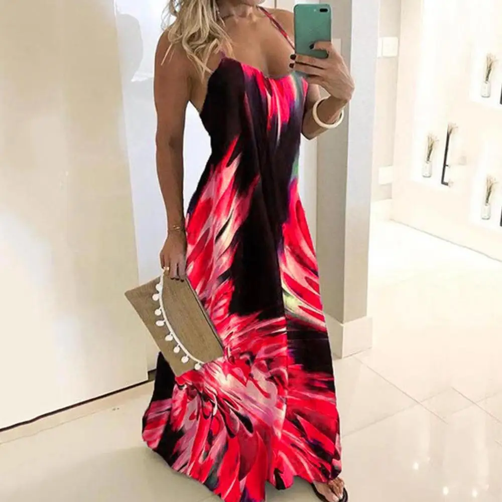 Женская Мода Спагетти ремень Красочные из набивной ткани, с Повседневное Maxi Dress Vestidos de fiesta de noche, ropa mujer
