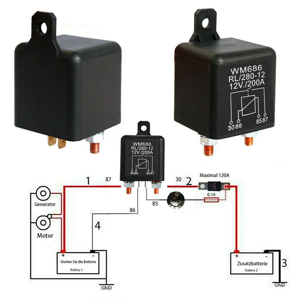 4Pin Over 200A 12V Dual Battery Isolator Relay On/Off Car Power Switch 200A Automobile Relay 12V Normally Open WM686