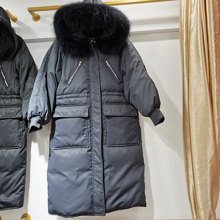 Корейский стиль, модное зимнее пуховое пальто Dongdaemun, большой меховой воротник, белый утиный пух, свободный, длинный пуховик для женщин