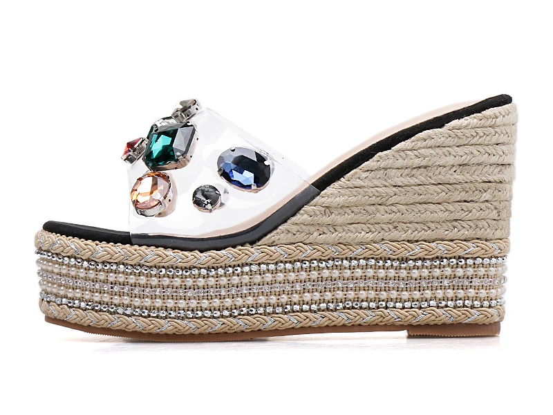 Цвет стразы Тапочки Для женщин каблуки; Espadrilles; женские летние туфли на платформе Дамская мода шлепанцы без задника с открытыми пальцами на высоком каблуке, под платье сандалии