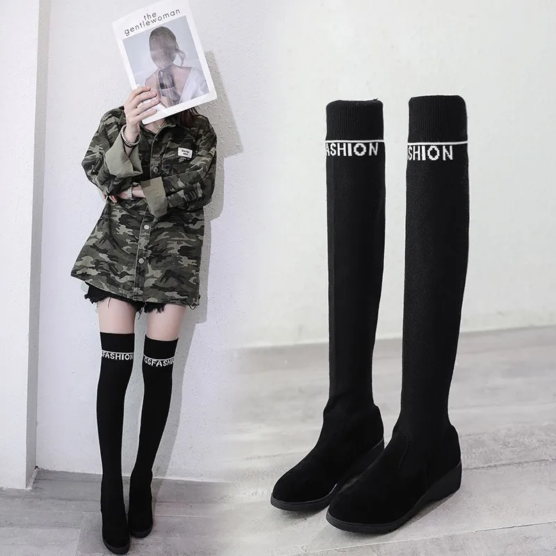 

Thigh Boot Women's over-the-Knee Boots Children Autumn And Winter 2019 New Style High-Heel Thin Stretch Boots Slanted Heel Knit