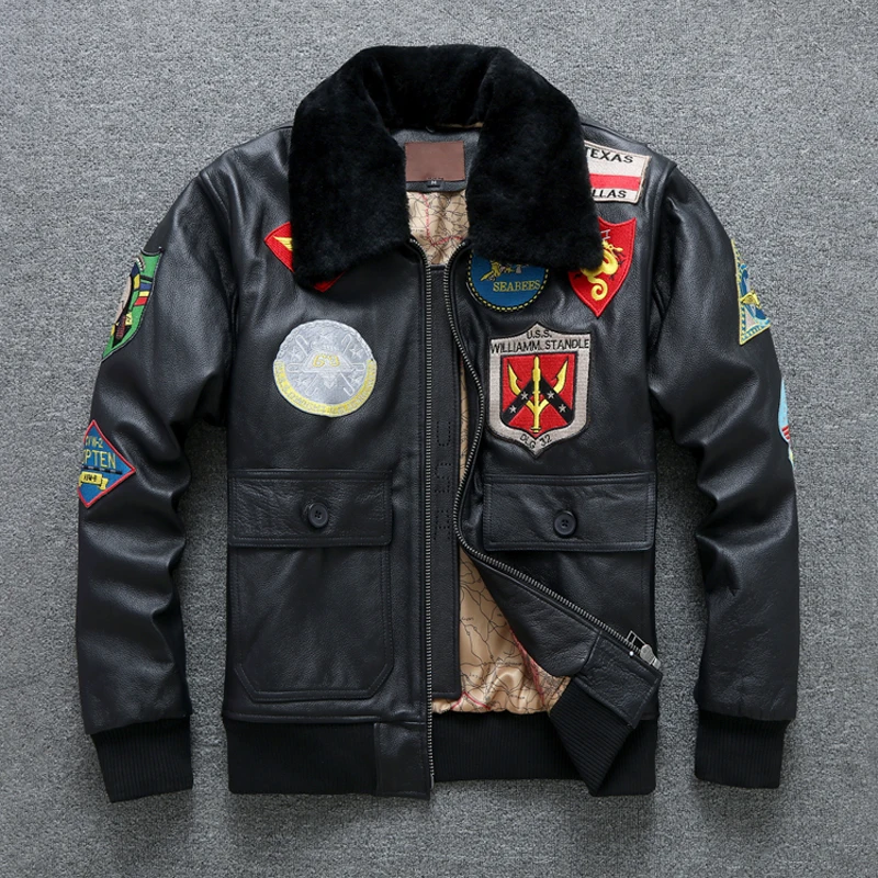 

G1 pilot flight suit jacket Top Gun Leather Pilot Jacket Plus Size Wool Collar Cowhide