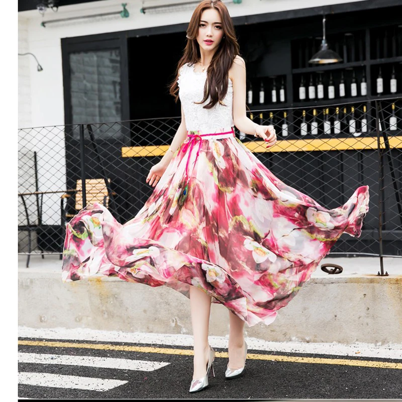 

Womens Pendulum Chiffon Skirt Elegant Long Ladies Beach Holiday Floral 8M Big-Swing Streetwear Female Bohemia Half-Long Skirt