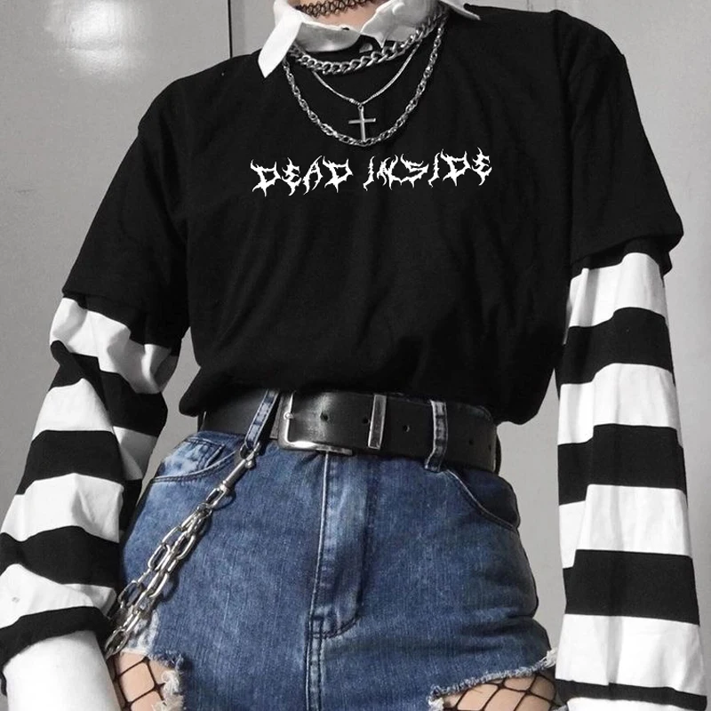 Женские футболки с надписью Dead Inside Grunge Tumblr готические хлопковые коротким рукавом и графическим принтом топы