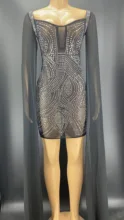 

Silver Rhinestones Big Long Sleeve Black Mesh Transparent Dress Birthday Celebrate Party Evening Performance Sexy Dancer