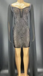 Silver Rhinestones Big Long Sleeve Black Mesh Transparent Dress Birthday Celebrate Party  Evening Performance Sexy Dancer