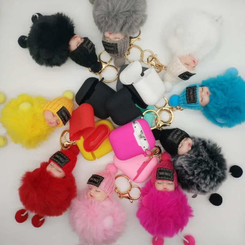 

For Airpods 1 2 Generation Protective Sleeve Anti-drop Silicone Sleeve Apple Bluetooth Headset Cute Hair Ball Doll Keychain