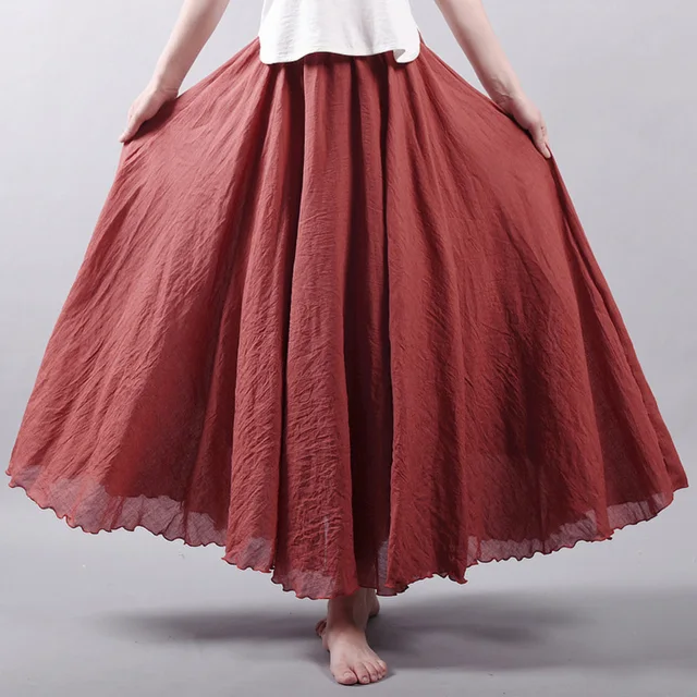 2020 Women Linen Cotton Long Skirts Elastic Waist Pleated Maxi Skirts Beach Boho Vintage Summer Skirts Faldas Saia 6