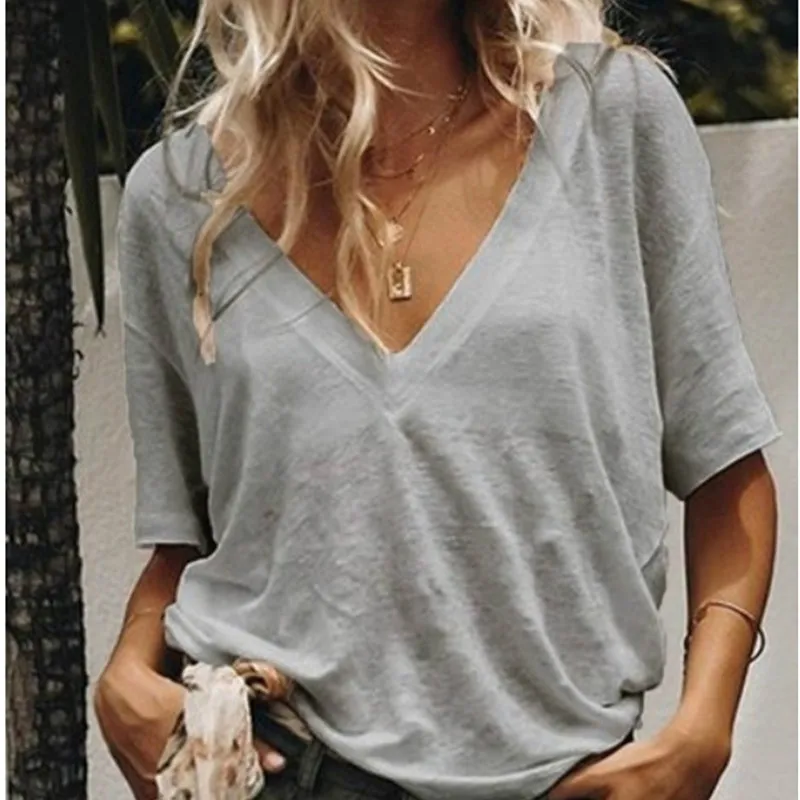 S-5XL Summer Solid T Shirt Ladies Sexy V Neck Short Sleeve Tshirt Casual Loose Basic Black White T-Shirt Tee Tops for686_voghion.com