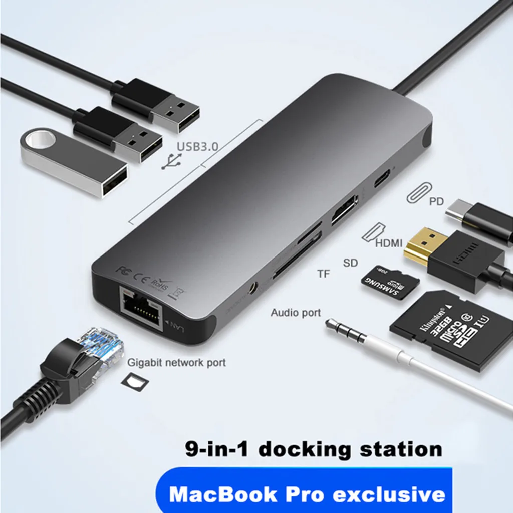 USB C к Rj45 Lan 4K HDMI 3 USB 3,0 SD карта 3,5 мм аудио порт 9 в 1 Тип C адаптер док-станции концентратор PD Зарядка для Macbook/S8 Dex режим