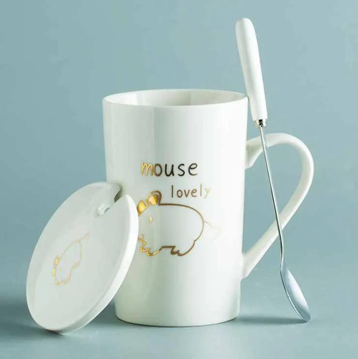 Керамические кружки 12 Зодиак креативные кружки с ложкой крышкой черный и Золотой фарфор Зодиак молоко кофейная чашка посуда для напитков - Цвет: white mouse