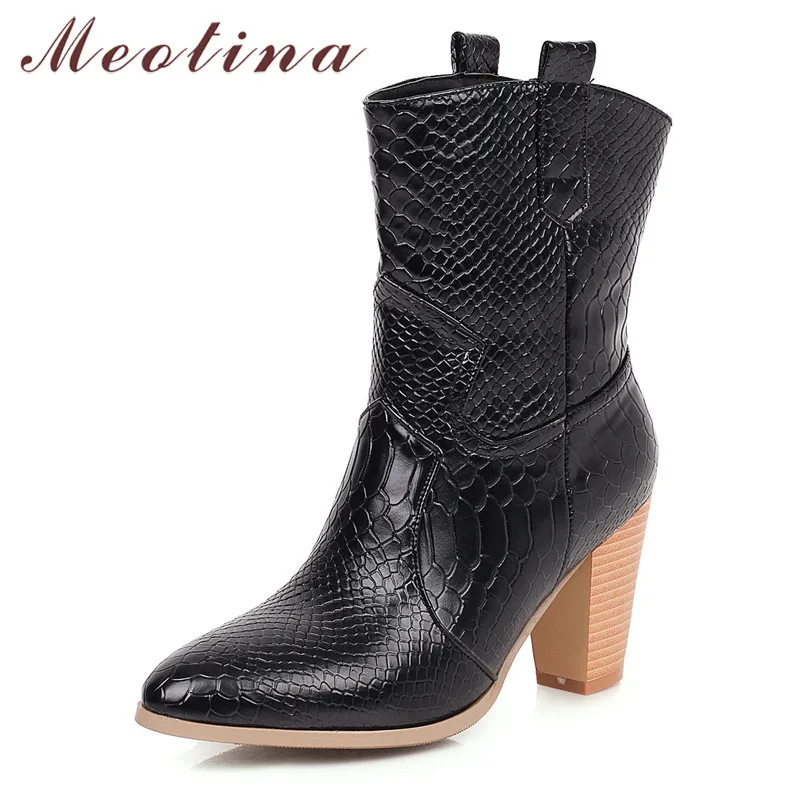 

Meotina Winter Western Boots Women Boots Fashion Block High Heel Ankle Boots Slip on Pointed Toe Shoes Ladies Fall Plus Size 46