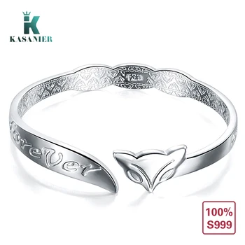 

KASANIER Sterling Silver S999 Women Girls Ladies Stylish Charming Letters Fox Pattern Bangles Open Cuff Bangle Hand Chain