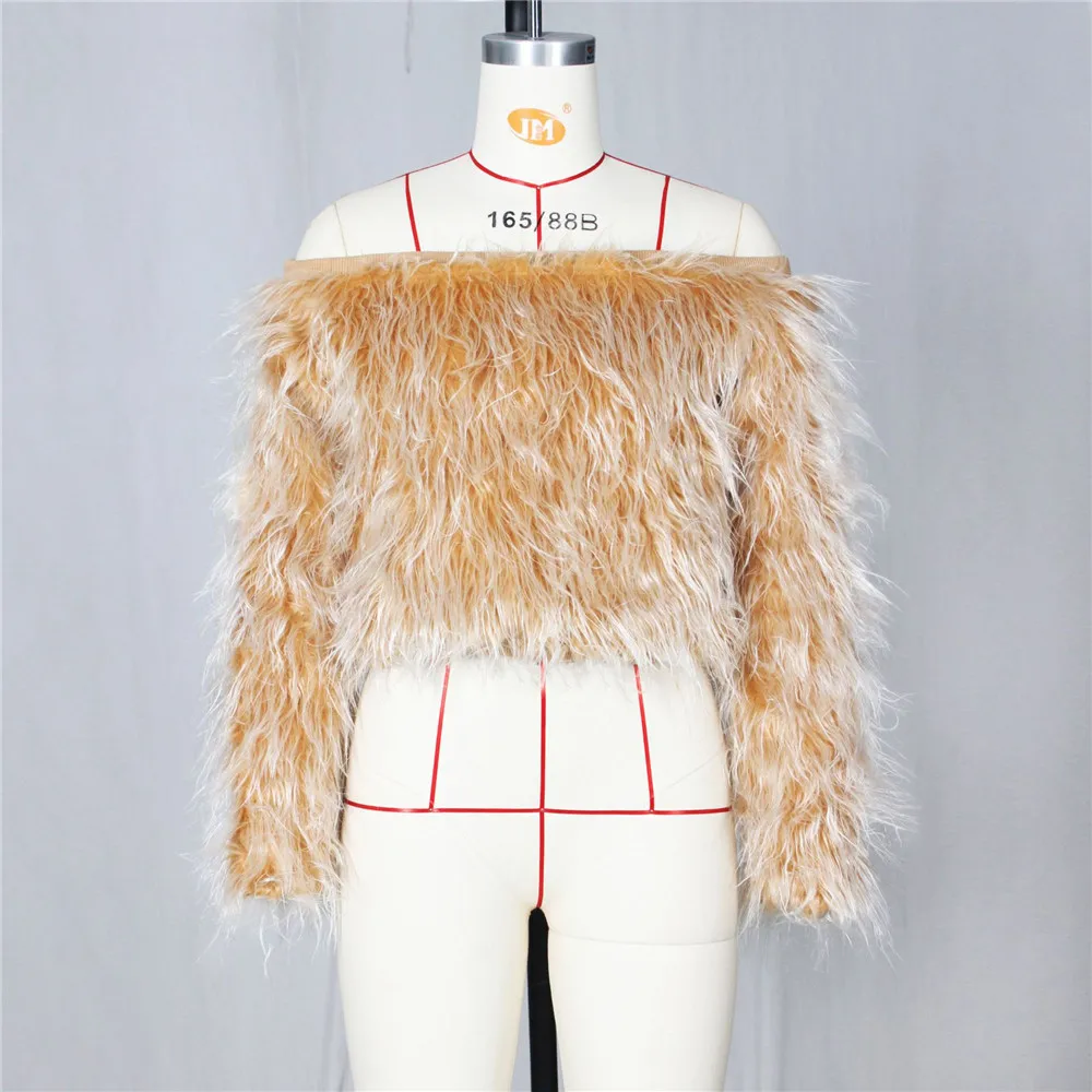Женские пальто с искусственным мехом весна осень с открытыми плечами длинный рукав пуловер Топы сексуальные элегантные вечерние облегающие плюшевые пальто Femme