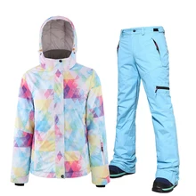 Лыжный костюм Женская зимняя снежная одежда комплект плотная Водонепроницаемая Женская лыжная куртка и брюки набор-30 градусов лыжный костюм для сноубординга