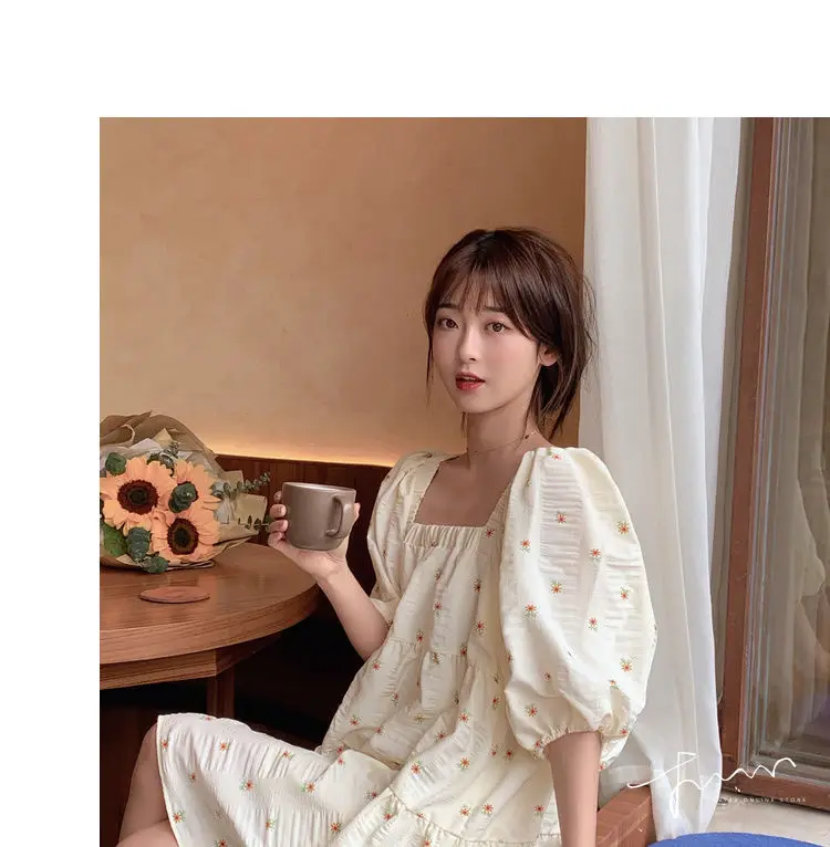 Dress Women Print Puff Sleeve Sweet Student Short Sleeve Korean Version Lovely Stylish Summer Above Knee Empire Loose Vestidos green dress