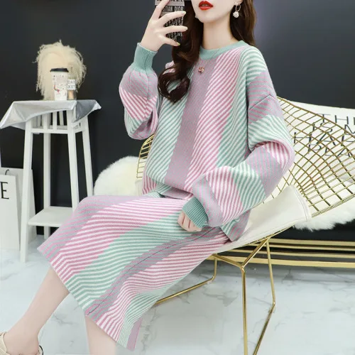 Picture color Комплект из 2 предметов, женские комплекты с юбкой, Осенние комплекты с рукавом-фонариком, Разноцветные полосатые шерстяные свитера, юбки, костюмы, женские вязаные комплекты, наряды - Цвет: Picture color
