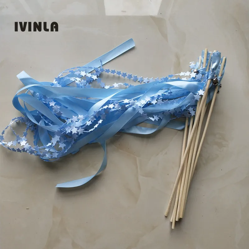 

30pcs/lot light blue ribbon wands with star for wedding decoration