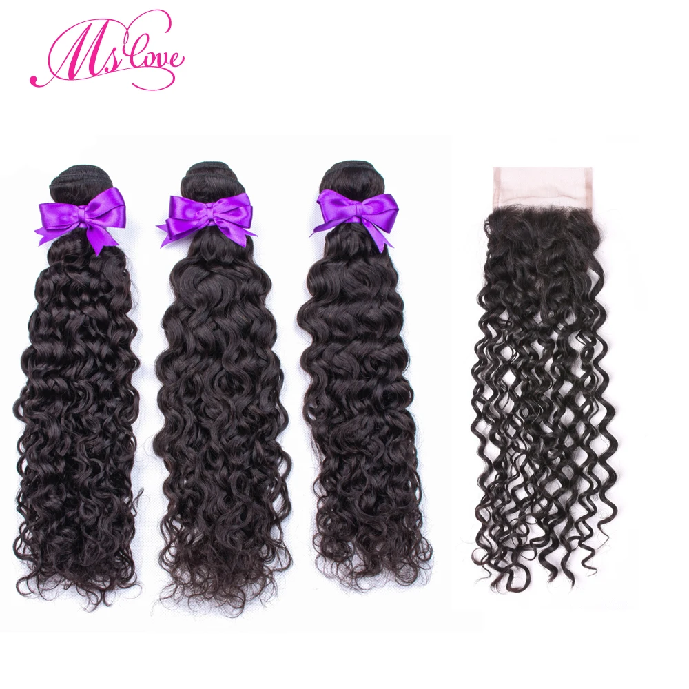 

Water Wave Bundles With Closure Brazilian Hair Weave Bundles 3 Human Hair Bundles With Closure 4x4 Lace Size Non Remy Ms Love
