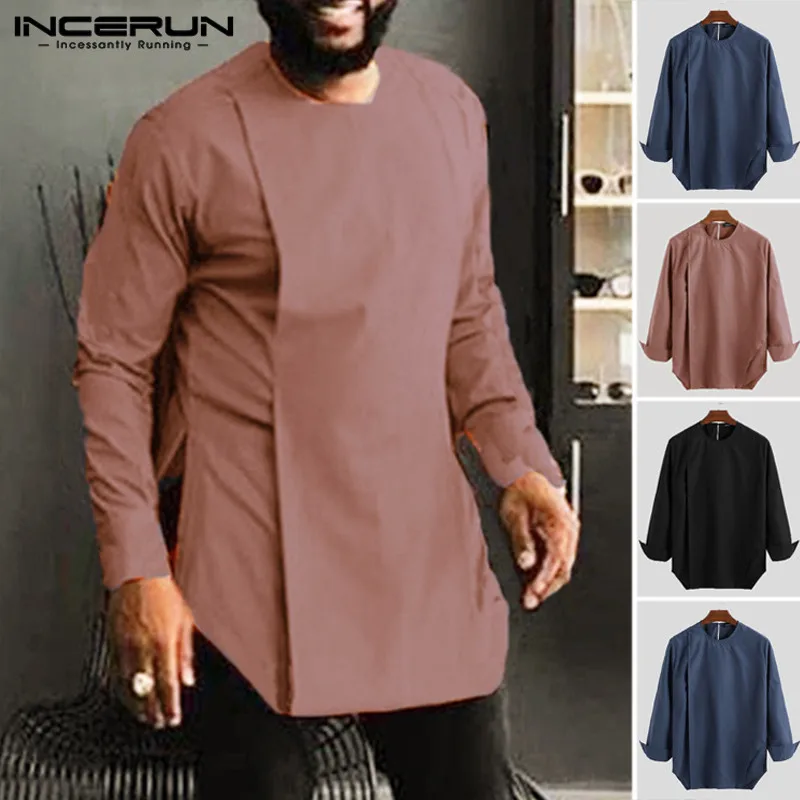 

African Clothes Men Shirt Long Sleeve Crew Neck Solid Vintage Casual Irregular Tops Men African Dashiki Shirts INCERUN Plus Size