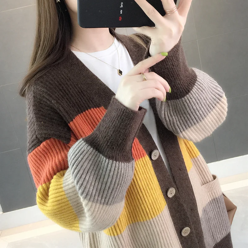 dark coffee color Neploe вязаный свитер женский длинный рукав фонарь пэчворк Радуга кофта в полоску Женские Пальто Sueter Mujer Invierno - Цвет: dark coffee color