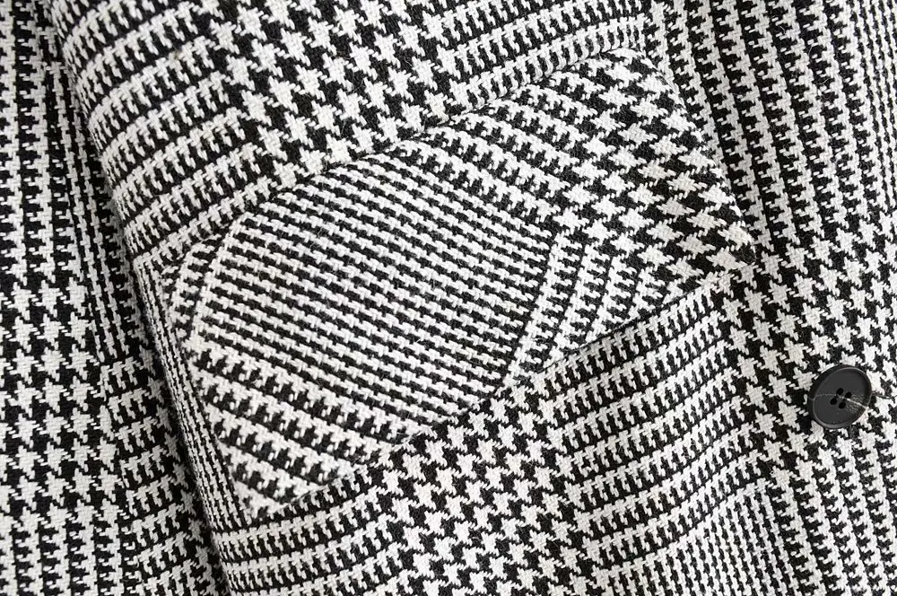 WT908 European Design Double Breasted Houndstooth Plaid Long Sleeve Casual Blazer Streetwear