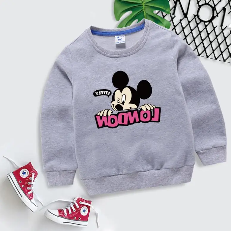 Пуловер с героями мультфильмов г. Весенне-осенняя футболка для детей, толстовка с Микки Маусом, топы, футболка с длинными рукавами одежда для маленьких мальчиков и девочек - Цвет: Серый
